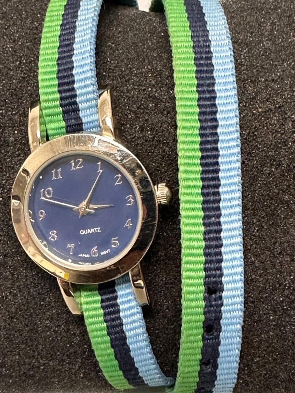 Avon Watch Women Silver Tone Blue Green Slip Thru Wrap Around Band New Battery